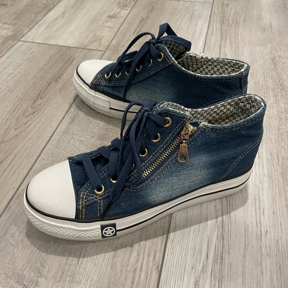 Blue Denim Platform Sneakers w/ Zipper Detail